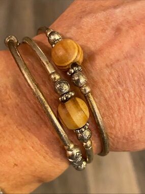 Vintage Mixed Metal Coil Bracelet Wooden Beads Silver Gold Tone